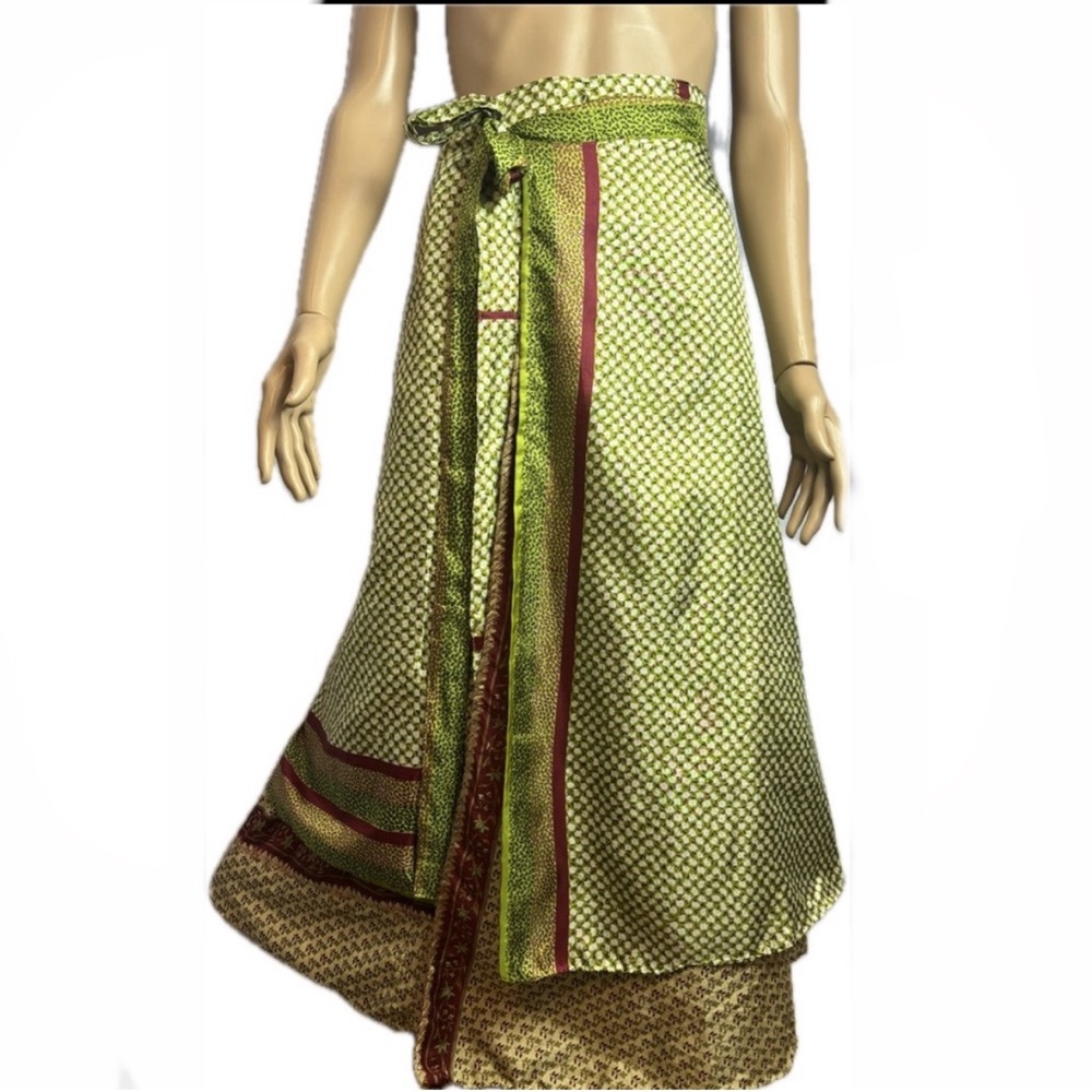 Silk Elegant Two Layered Green and Red Wraparound Skirt